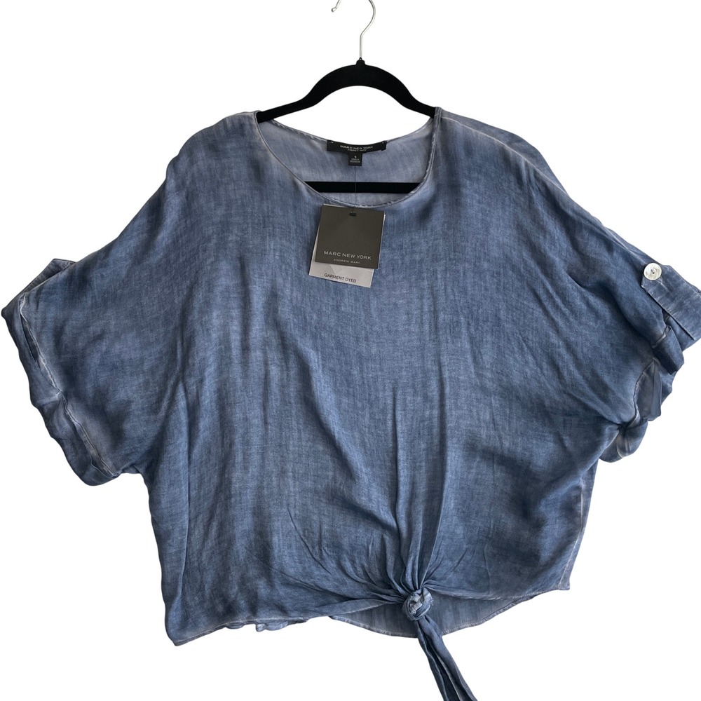 Marc New York Tie Front‎ Top, Garment Dyed, Button Tab Sleeves, Blue S